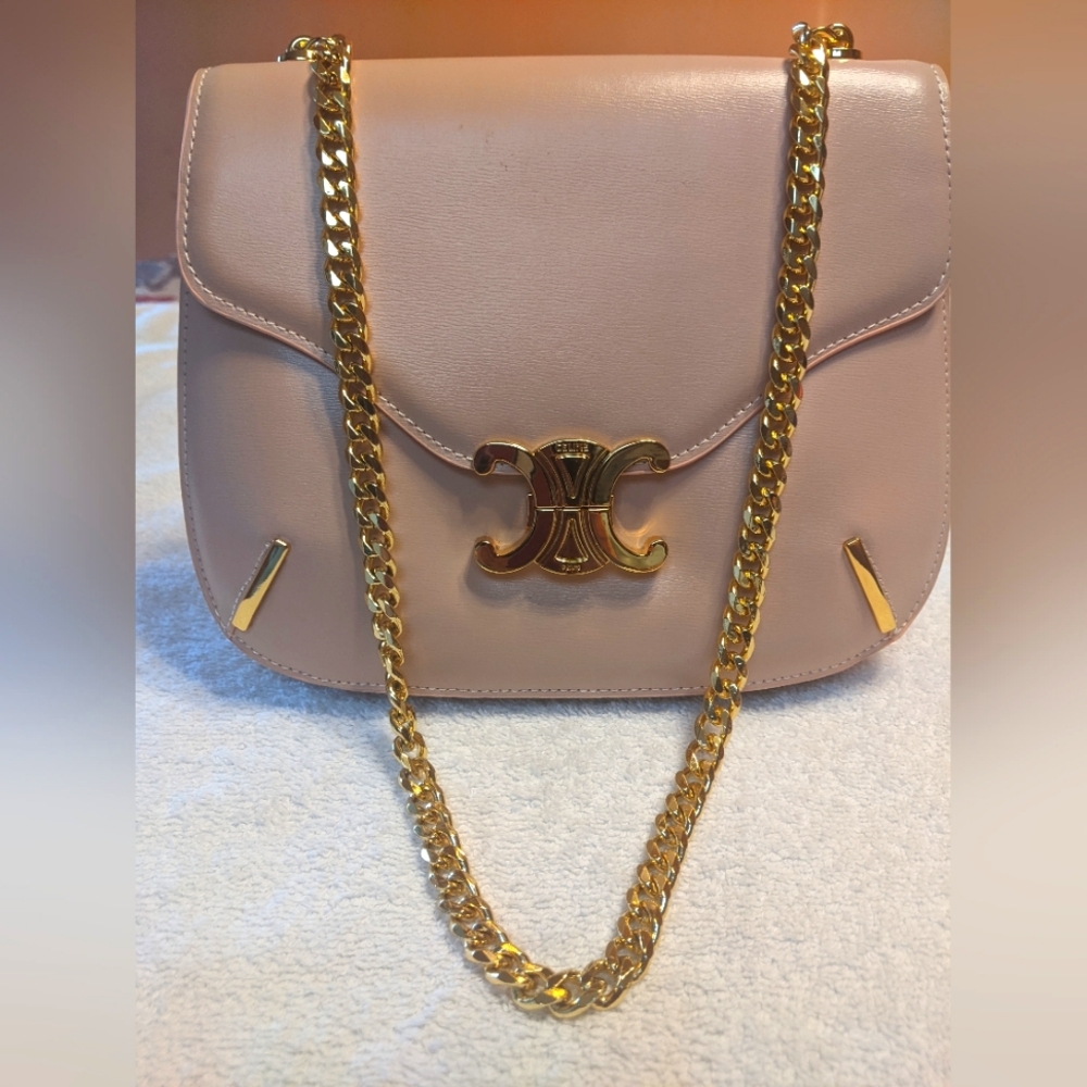Celine Triomphe Bag w/ Chain in Shiny Calfskin (Antique Rose/Pink)